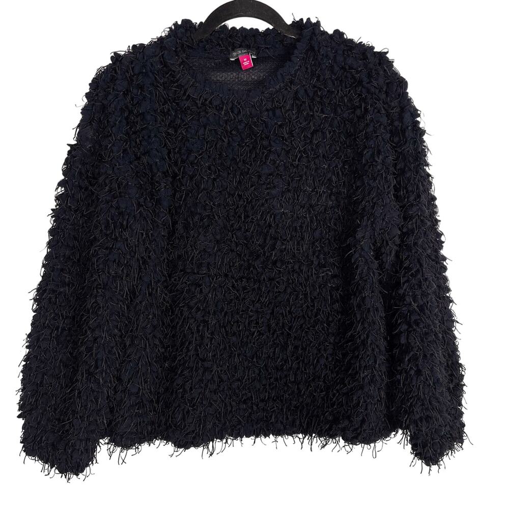 Vince Camuto Medium M Navy Blue Black Frayed Textured Sweater Jewel Neck Top